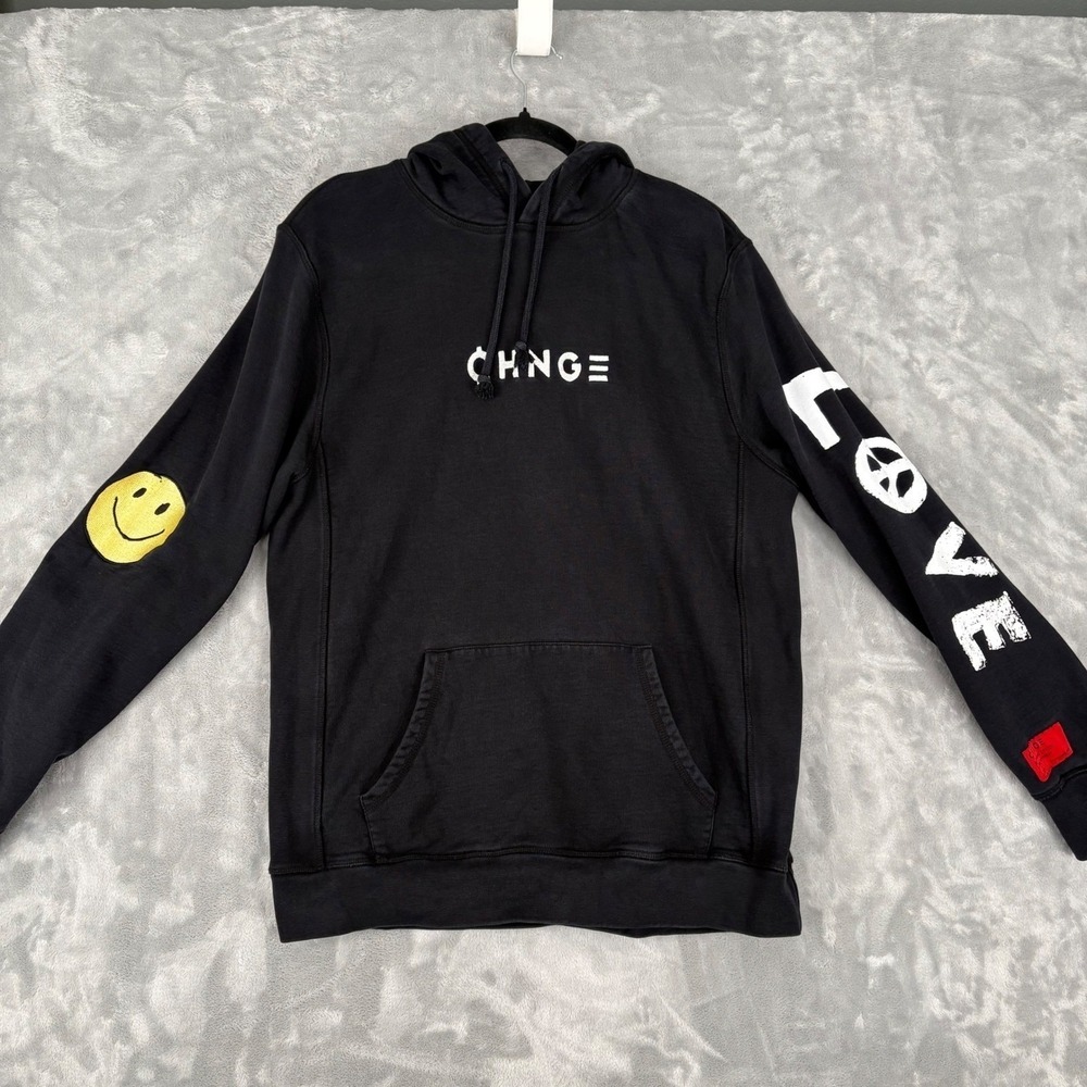 CHNGE Black Peace‎ Love Drawstring Hoodie Embroidered Organic Cotton Size Medium